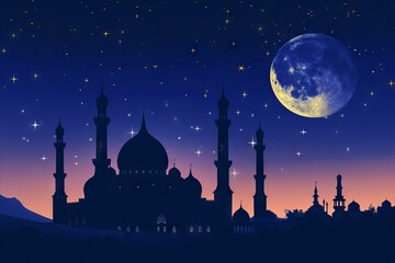 a beautiful silhouette of a mosque with stars under the moon, in the style of ornamental structures