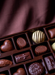 Tray of chocolate choices with copy  space. A delicious photo for Valentine's day