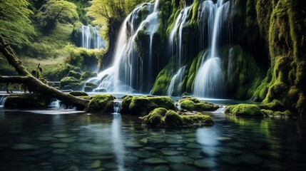 A cascading waterfall in a serene, remote location