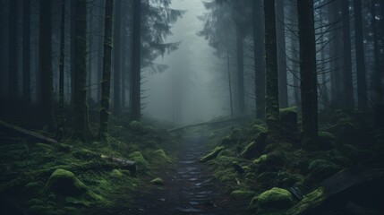 A dense, misty forest shrouded in mystery - obrazy, fototapety, plakaty