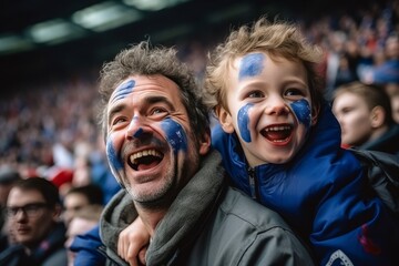 Supportive french father and son in blue filled stands for national rugby or football team - obrazy, fototapety, plakaty