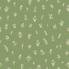 Fototapeta na wymiar Doodled botany seamless repeat pattern. Hand drawn, vector flowers, leaves, herbs, plants aop all over print on sage green pattern.