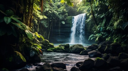 A lush waterfall hidden in a tropical jungle
