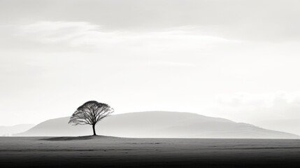 A minimalist monochrome landscape with a lone tree