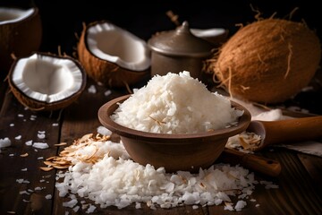 Exotic Still Life Coconut Shavings in a  Ceramic Bowl, Surrounded by Fresh Coconuts Wooden Table