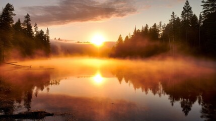 Fototapeta na wymiar A radiant sunrise over a mist covered lake