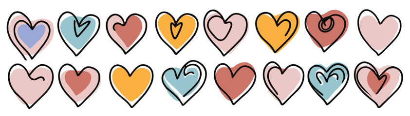 Colorful hearts with outline doodle drawing. Heart shape icons, logo, clipart, design elements for Valentines day cards. party invitations, banner. Flat illustrations isolated on white background.