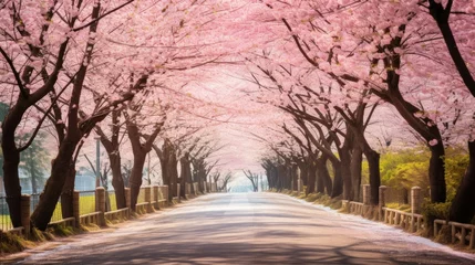 Foto auf Glas A road lined with blooming cherry blossoms © Cloudyew