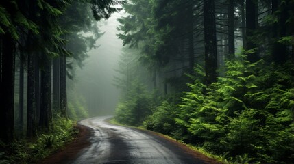 A road through a dense, misty forest