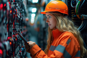Female technician working in server room, IT professional using tablet and setting supercomputer system in database room
