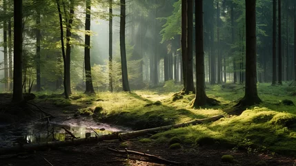 Foto op Canvas A serene forest landscape with dappled sunlight filtering through the trees © Cloudyew