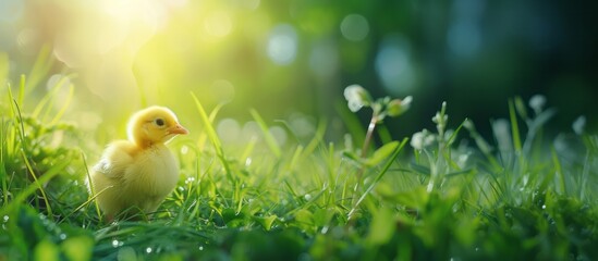 A small yellow newborn chick on a green grass bright background, banner with copy space