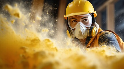 Construction worker in high-grade dust mask amidst floating glass wool particles
