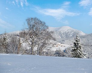 Winter Gorgany massiv mountains scenery view from Yablunytsia pass, Carpathians, Ukraine.
