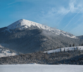 Winter Gorgany massiv mountains scenery view from Yablunytsia pass, Carpathians, Ukraine.