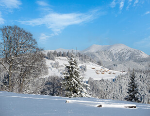 Winter Gorgany massiv mountains scenery view from Yablunytsia pass, Carpathians, Ukraine.