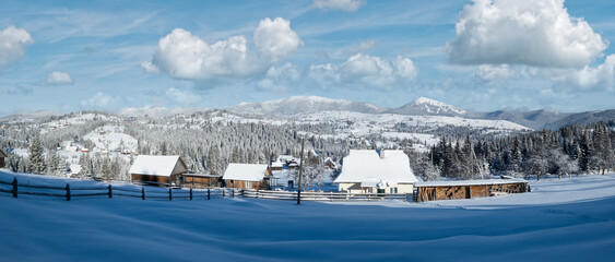 Winter Gorgany massiv mountains scenery view from Yablunytsia pass, Carpathians, Ukraine.