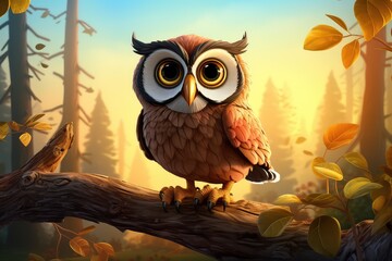 Wooden owl sitting on a stone in the forest at sunset.