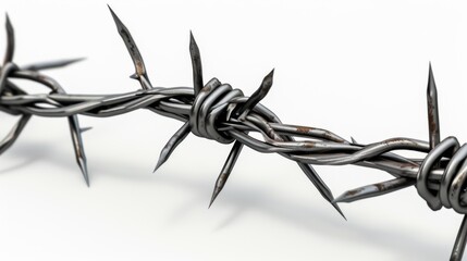 Closeup of metal barbed wire on white background