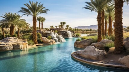 Fototapeta premium Captivating desert oasis with palm trees and blue waters