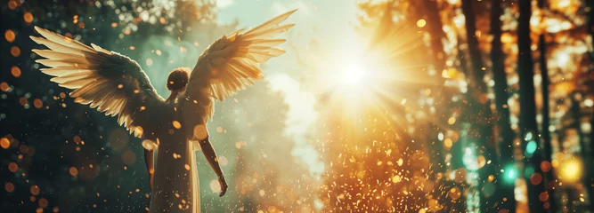 Fotobehang Panorama of a Gods celestial angel with open wings looking at the sunset Generative AI Illustration © SVasco