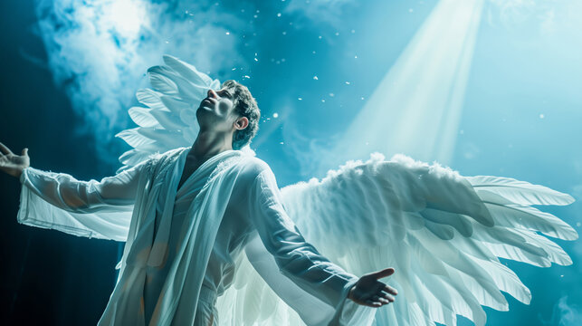 Gods celestial angel with open arms and wings flying in the sky Generative AI Illustration