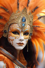 A woman wearing a carnival mask adorned with orange feathers at a masquerade event