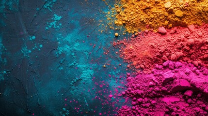 Colored scattering of multi-colored powder on a dark background. Holi celebration concept in India	