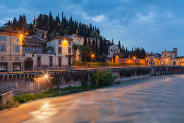 San Pietro is an ancient castle in Verona before dawn, Veneto region in Italy.