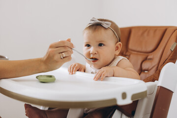 Mother feeding healthy food to her adorable little daughter sitting in high chair