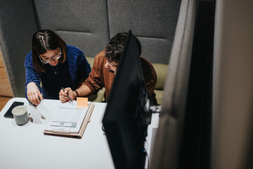 Two business professionals working earnestly at a white desk in a contemporary office setup, deep in discussion over paperwork.