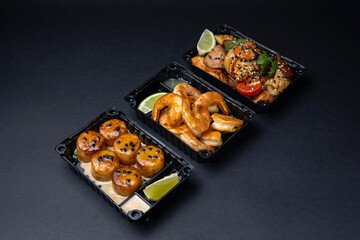 Delicious fried seafood.  Delivery. close up  