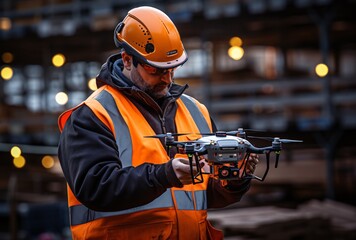 a man in orange vest and helmet holding a drone