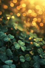 Abstract green blurred background with clovers and round bokeh for st patrick's day celebration	
 - obrazy, fototapety, plakaty