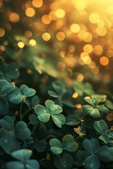 Foto op Plexiglas Abstract green blurred background with clovers and round bokeh for st patrick's day celebration   © Sunny
