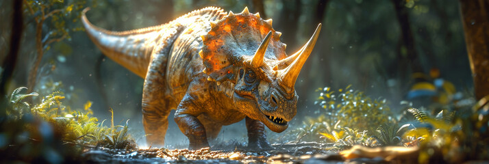 Jurassic triceratops, a wild, colorful dinosaur with an exotic, closeup gaze, thrived in lush tropical forests.