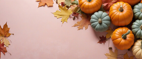 Pumpkins with copyspace, thanksgiving and fall background concept, autumn pastel colors, leaves falling, harvest
