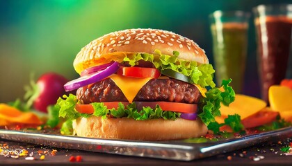 Close Up of a delicious hamburger with all its ingredients. Ideal image for a restaurant menu. Very appetizing advertising image.