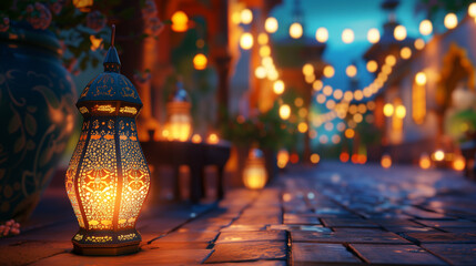 Ramadan Kareem social media poster. A big lantern on the floor with beautiful lighting to celebrate Ramazan festival