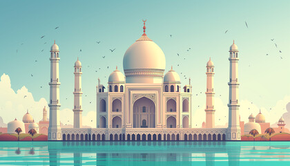 Fototapeta premium Mosque illustration in the daytime. Clear sky and the birds flying in the air