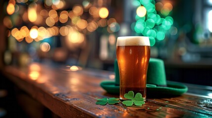 Glass of delicious beer on bar counter with green leprechaun hat, st. patrick's day celebration wit copy space for text - obrazy, fototapety, plakaty