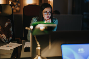 A dedicated young female professional is immersed in her work at the office during the evening hours, showcasing determination and productivity.
