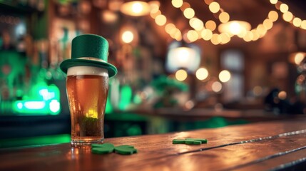 Glass of delicious beer on bar counter with green leprechaun hat, st. patrick's day celebration wit copy space for text