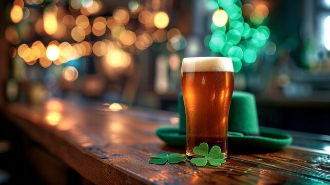 Glass of delicious beer on bar counter with green leprechaun hat, st. patrick's day celebration wit copy space for text