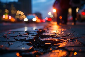 a cracked road with lights in the background - Powered by Adobe