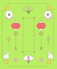 Green Chinese Spring festival background. Set of vector elements in Asian style. Japanese style. Decoration set. Vector illustration