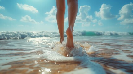 Woman walking on the beach and leaving footprints on the sand. Close up detail of female feet