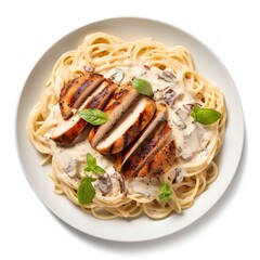a Spaghetti white creamy sauce with grilled chicken, studio light , isolated on white background