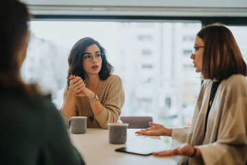 Focused professional women in conversation at a bright cafe, exuding a sense of collaboration,...