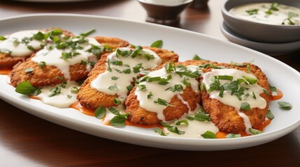 Saucy Symphony: A Delectable Dance of Crispy Chicken and Flavorful Sauce on a White Canvas